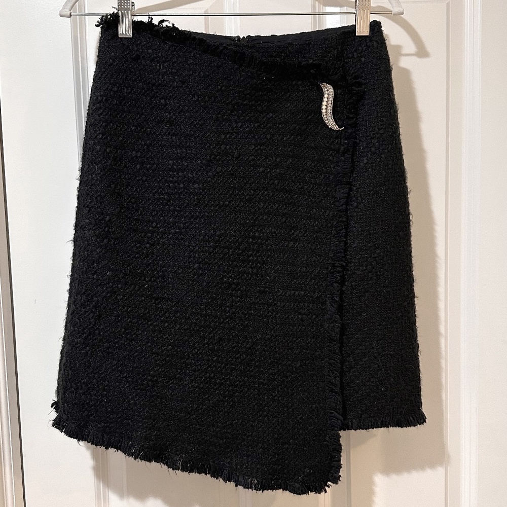 INC Asymmetric Frayed Edge Wrap Skirt, Black Tweed with Pearl Pin Detail, Size 6